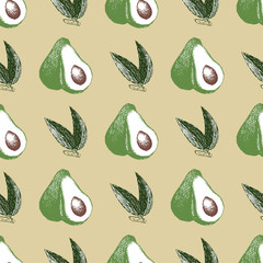 Seamless pattern of avocado. Avocado, hand-draw doodle illustration in vector. Food hand drawn illustration.Design for packaging, weddings, fabrics, textiles, wallpaper, website, postcards.