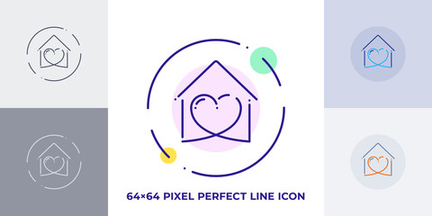 Stay home line art vector icon. Outline symbol of heart in house. Love pictogram made of thin stroke. Isolated on background.