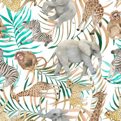 Hand drawn colorful seamless pattern with watercolor wild exotic animals, palm leaves and exotic plants. Summer repeated background