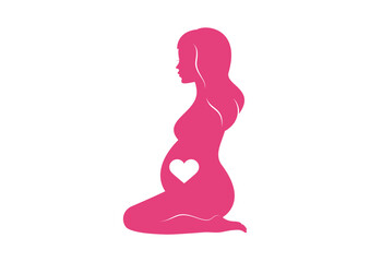 Pregnant kneeling woman silhouette icon vector. Beautiful pregnant woman kneeling icon. Silhouette of pregnant woman with heart vector. Abstract pregnant woman in yoga position pink icon