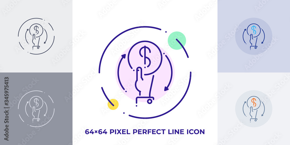 Poster hand with coin line art vector icon. outline symbol of payment. investment pictogram made of thin st