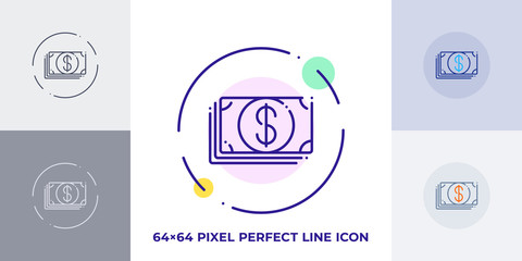 Cash line art vector icon. Outline symbol of money. Investment pictogram made of thin stroke. Isolated on background.