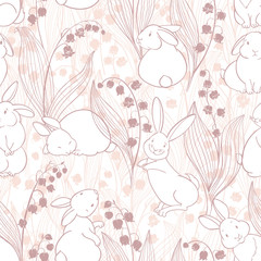 Cute rabbits and lilies of the valley on white. Seamless pattern. Cartoon vector illustration. Animal background