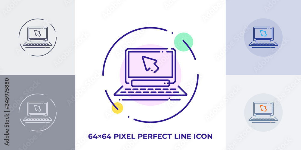 Poster laptop with mouse cursor line art vector icon. outline symbol of notebook. action click pictogram ma