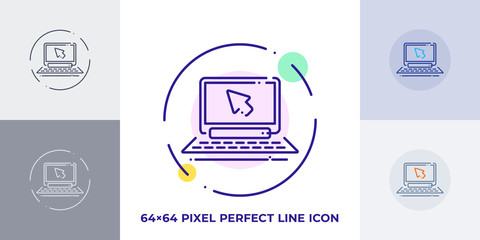 Laptop with mouse cursor line art vector icon. Outline symbol of notebook. Action click pictogram made of thin stroke. Isolated on background.
