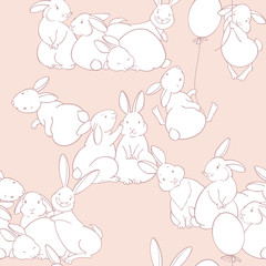 Seamless pattern with cute rabbits. Cartoon vector illustration. Animal background.