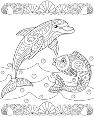 Page for sea book - coloring books with dolphin, fish, waves and bulbs - stock illustration. Vector linear coloring book about the inhabitants of the ocean. Outline. Hand drawing.