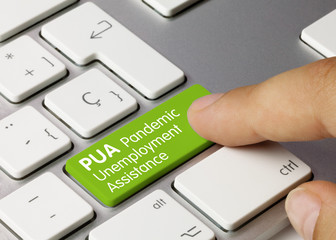 PUA Pandemic Unemployment Assistance - Inscription on Green Keyboard Key.