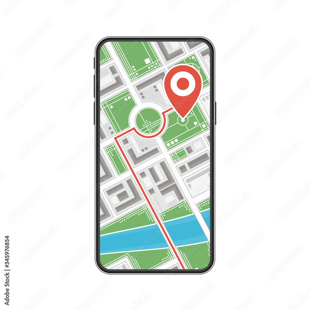 Poster mobile navigation or maps app concepts. smartphone with map on screen and red gps dot, isolated on a