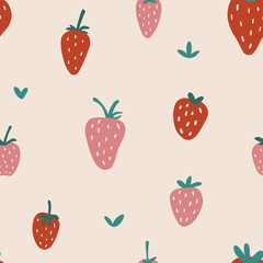 Strawberry vector background. Fruit print. Berry seamless pattern for fabric, prints, textile, wrapping paper, birthdays, invitations. Abstract summer background. Vegetarian healthy food illustration