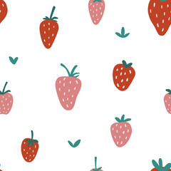 Strawberry seamless vector pattern. Summer hand drawn background. Trendy childish pattern with berries for nursery, prints, textile, wrapping paper, birthdays, invitations. Simple vector illustration
