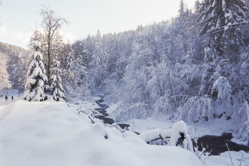 a beautiful snowy mountain landscape in the Carpathians, a mountain winter river