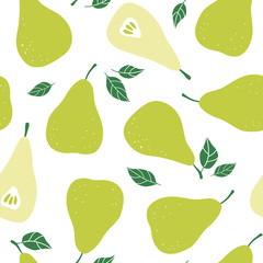 Pear seamless vector pattern. Summer hand drawn vector fruit background. Trendy childish pattern with berries for nursery, prints, textile and decoration design. Simple vector organic illustration