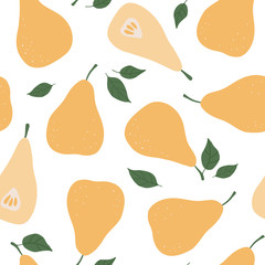 Trendy vector seamless pattern with pear. Organic fruit background. Vegetarian healthy food illustration. Tropical nature repeat background for textile and decoration design