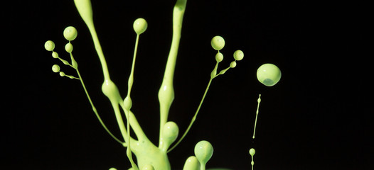 Fun shiny swirly green paint splashes on a black background