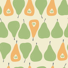 Trendy vector seamless pattern with pear. Organic fruit background. Vegetarian healthy food illustration. Tropical nature repeat background for textile and decoration design