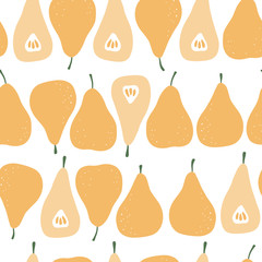 Pear seamless vector pattern. Summer hand drawn vector fruit background. Trendy childish pattern with berries for nursery, prints, textile and decoration design. Simple vector organic illustration