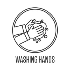 Washing hands with soap vector sign. Clean Hands flat icon. Wash hand concept. Arm in foam soap bubbles. Personal hygiene. Disinfection, skin care. Antibacterial washing. EPS 10.