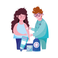 vaccination medical care, physician and girl patient with band aid in arm and medication