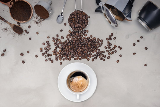 Background with assorted coffee, coffee beans, Cup of black coffee, Coffee maker equipment © last19