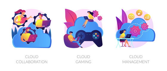Computing technology. Internet of things. Cloud collaboration, cloud gaming, cloud management metaphors. Data centers available to many Internet users. Vector isolated concept metaphor illustrations