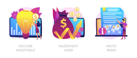 Crowdfunding campaign. Startup financing, seed funding. Creative idea generation. Venture investment, investment fund, white paper metaphors. Vector isolated concept metaphor illustrations