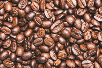 Roasted coffee beans background, Photo coffee close up