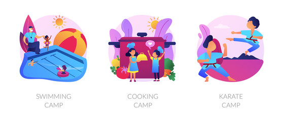 Kids holiday activities. Hobby, leisure, recreation. Children summer vacation adventures. Swimming, cooking camp, karate camp metaphors. Vector isolated concept metaphor illustrations. © Visual Generation