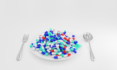 Fototapeta premium Many capsules of medicine are full of white plates with spoon and fork on a white background. The concept of taking medications or nourishing vitamins instead of food. 3D Rendering.