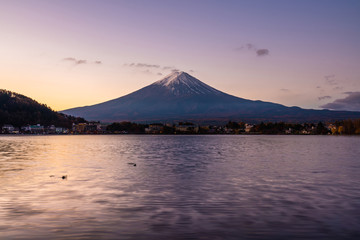 Fototapeta premium Aerial Panorama Landscape of Fuji Mountain. Iconic and Symbolic Mountain of Japan. Scenic Sunset Landscape of Fujisan at Evening Time, Kawaguchiko, Yamanashi, Japan.