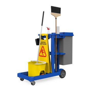 Janitor Cart with Cleaning Supplies Isolated
