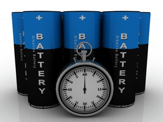 3d rendering Electrical energy and power supply source concept, accumulator battery with stopwatch