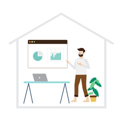 Working at home Online Presentation Speaker concept illustration. Young Man freelancers working on laptops Conference Call and computers at home for quarantine. Vector Background Banner.