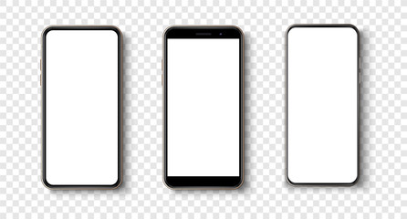 High quality realistic trendy  no frame smartphone with blank white screen. Mockup phone for visual ui app demonstration. Vector mobile set device concept. Detailed Mockup Smartphone