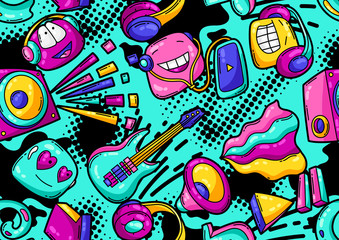 Seamless pattern with cartoon musical items.