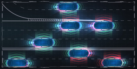Obraz premium Smart cars driving on the road, driverless vehicles, top view. ADAS, ITS system. Smart car (HUD) , iot , Autonomous self-driving mode vehicle on city road iot concept with graphic sensor radar signal