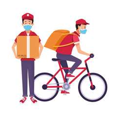 delivery workers with face masks in bicycle