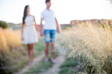 Couple standing in the field holding hands