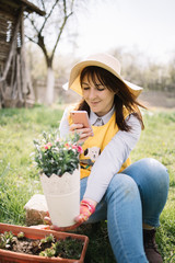 Gardener woman taking photo of planted flower