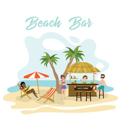 Fototapeta premium Cartoon bar bungalow on the ocean coast and happy barman with coconut cocktail