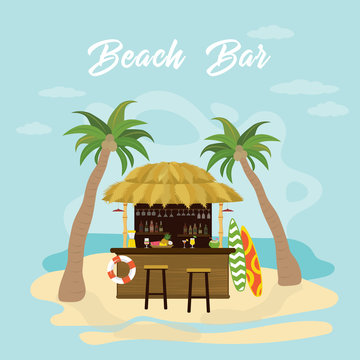 Beach bar in tropical style design. Cartoon bar bungalow on the ocean coast,