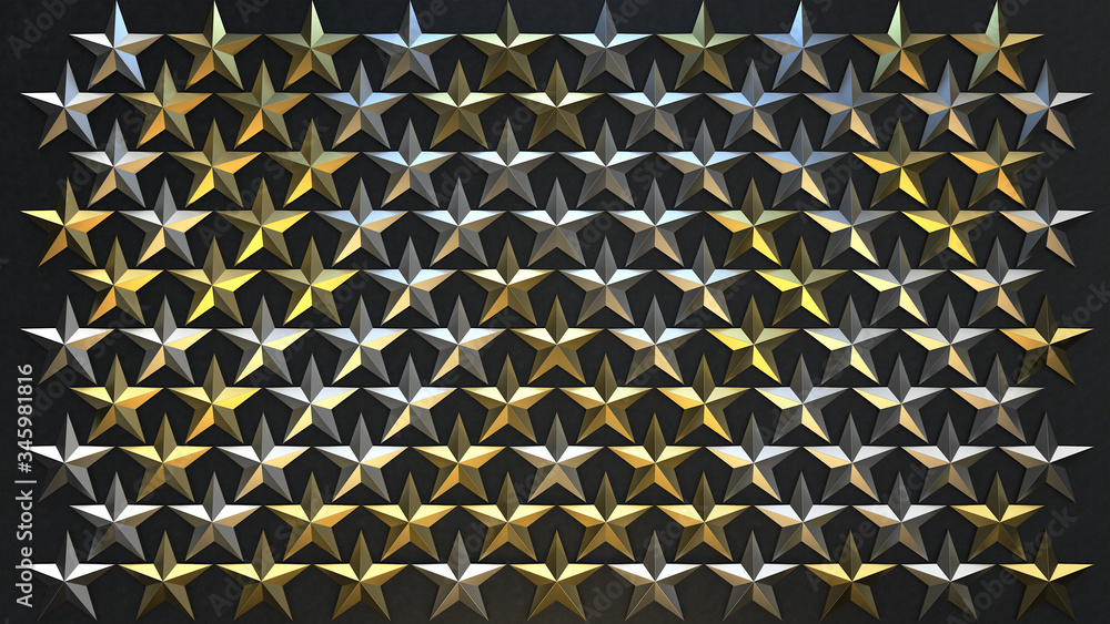 Poster the group of small gold and chrome stars on the dark background. 3d render. abstract composition.