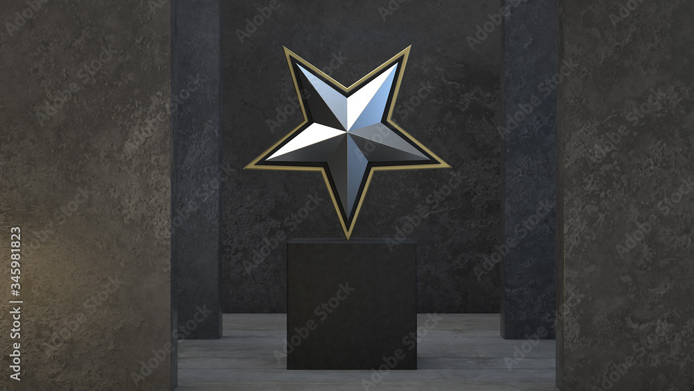 Poster the chrome star with gold edges on a pedestal in the architecture environment. 3d render. abstract c
