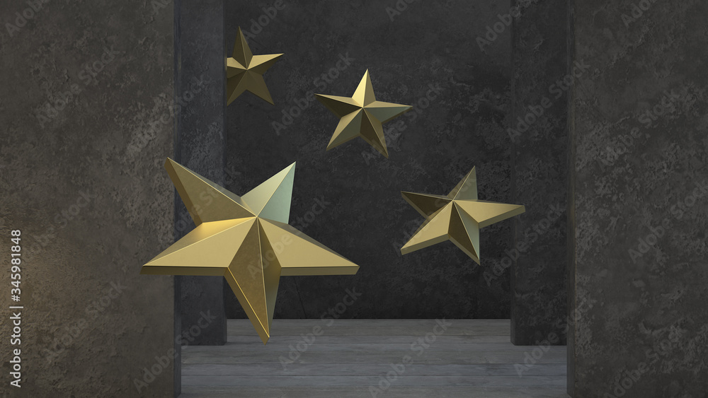 Poster the gold stars flying in the architecture environment. 3d render. abstract composition.