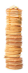 Stack of tasty pancakes on white background