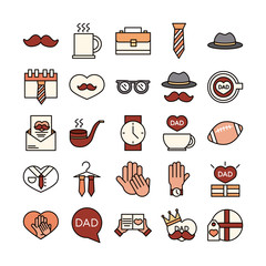 happy fathers day, celebration accessories message decoration party icon set line and fill icon