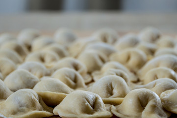 Raw Russian dumplings on a cutting Board.