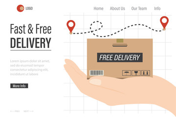 Free and fast delivery landing page template. Parcel box on hand. Cartoon hand holding package.