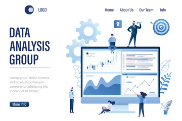 Data analysis group landing page template. Team of statistical analysts or businesspeople analyzing statistical information.
