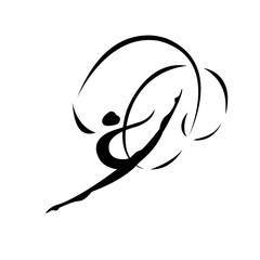 Monochromatic gymnastic logo, girl holding tape in jump on white background. Female with gymnastic tape